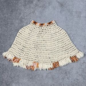 Vintage 60s 70s Cream Hand Crocheted Fringe Poncho One Size